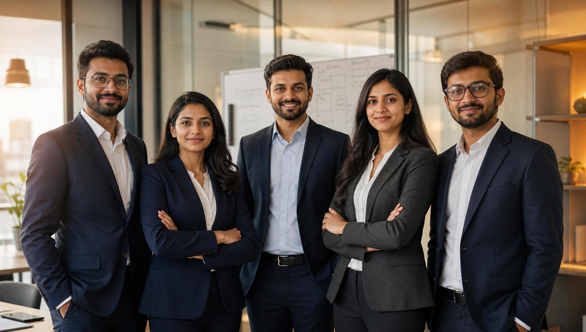 Professional team of chartered accountants standing together in a modern office